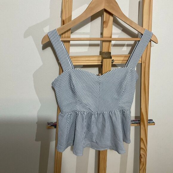 Monteau Tops - Monteau Los Angeles, navy blue and white striped peplum top, size large